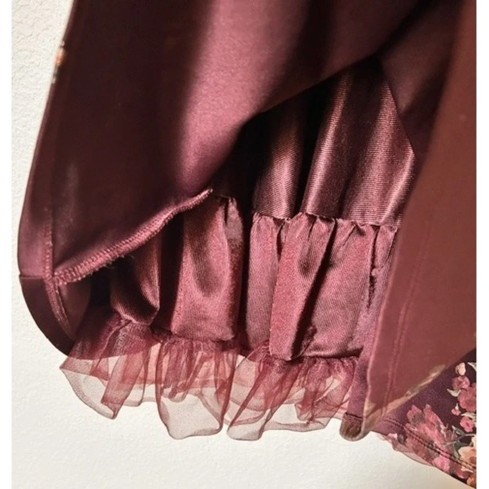 Girls 12 Burgundy Floral Dress Lace Ruffle Fancy Party Twirl Princess Fairytale - Picture 8 of 10